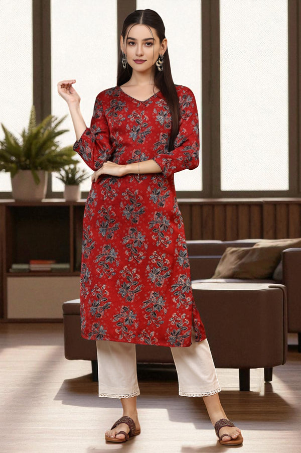 Red Handblock Ajrakh Printed Kurta in Lustrous Modal Satin