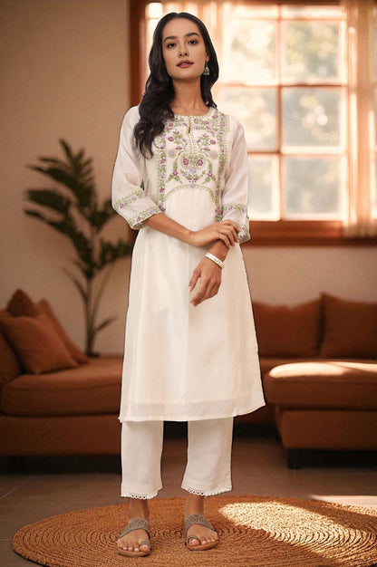 Ecru Multicoloured Chikankari Kurta in Cotton Silk