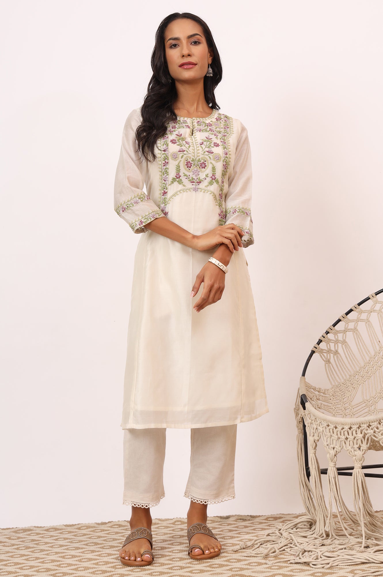 Ecru Multicoloured Chikankari Kurta in Cotton Silk