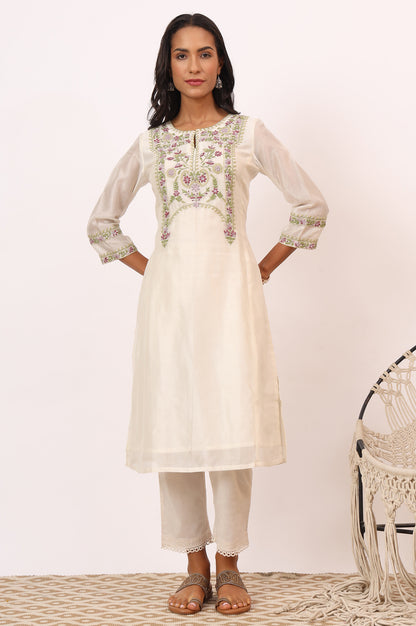 Ecru Multicoloured Chikankari Kurta in Cotton Silk