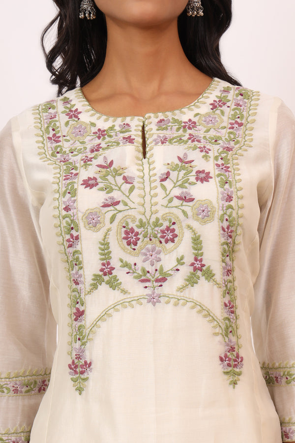 Ecru Multicoloured Chikankari Kurta in Cotton Silk