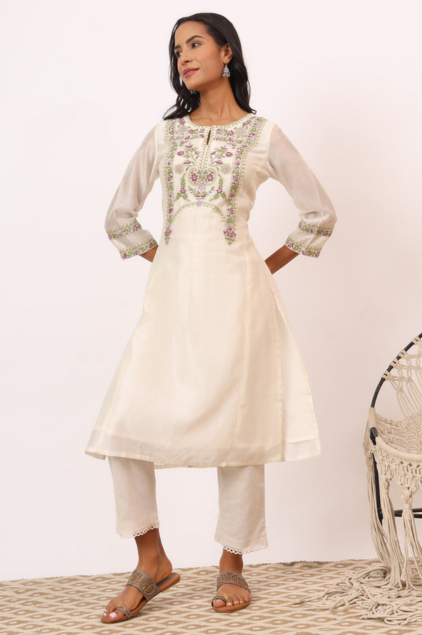 Ecru Multicoloured Chikankari Kurta in Cotton Silk