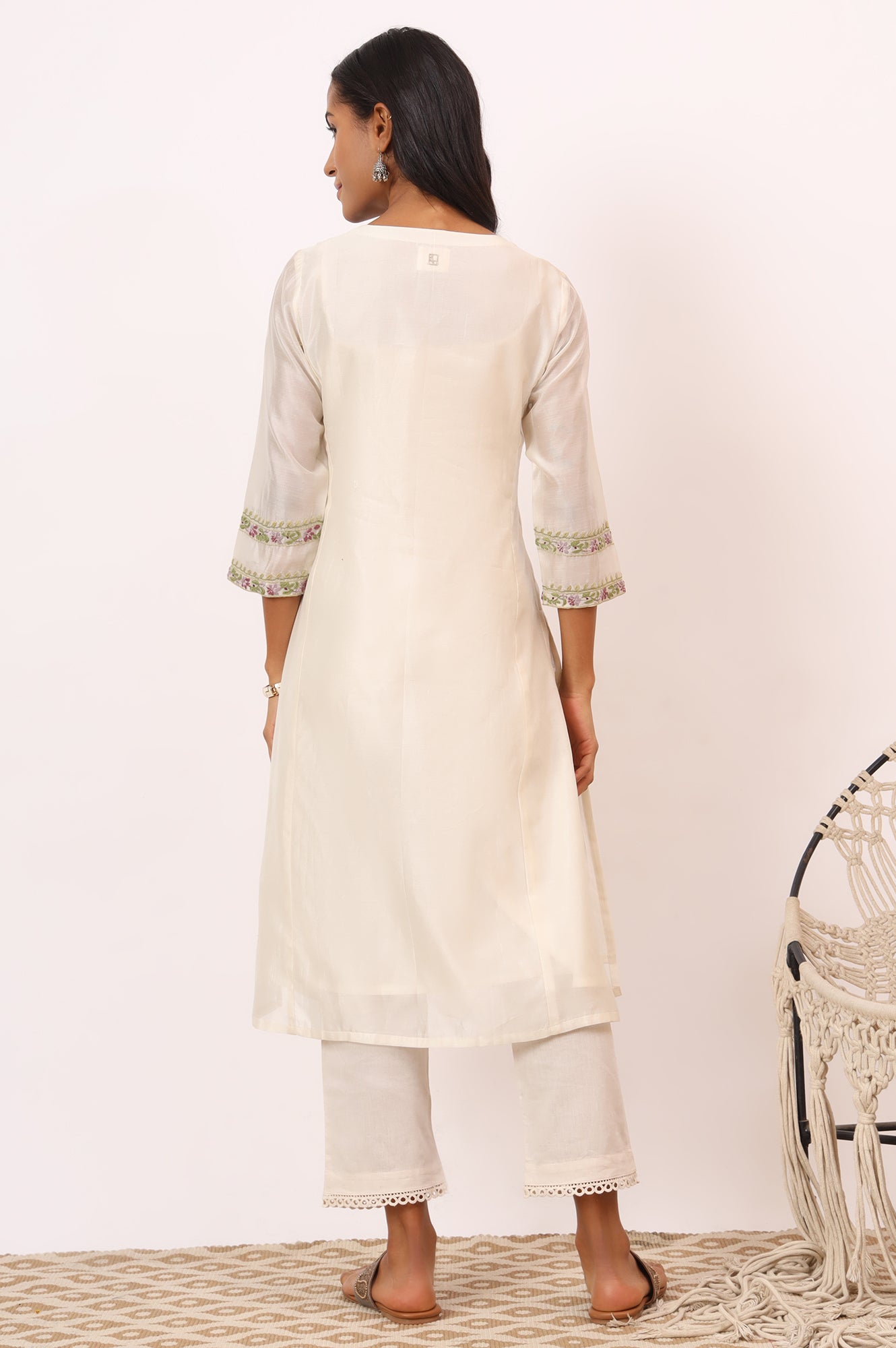 Ecru Multicoloured Chikankari Kurta in Cotton Silk