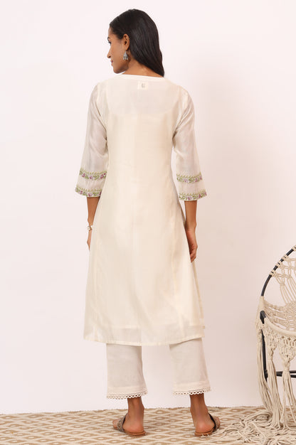 Ecru Multicoloured Chikankari Kurta in Cotton Silk