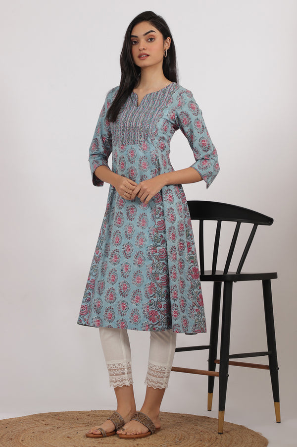 Blue Handblock Printed Flared Kurta in Fine Cotton