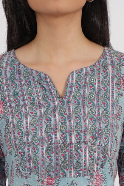 Blue Handblock Printed Flared Kurta in Fine Cotton