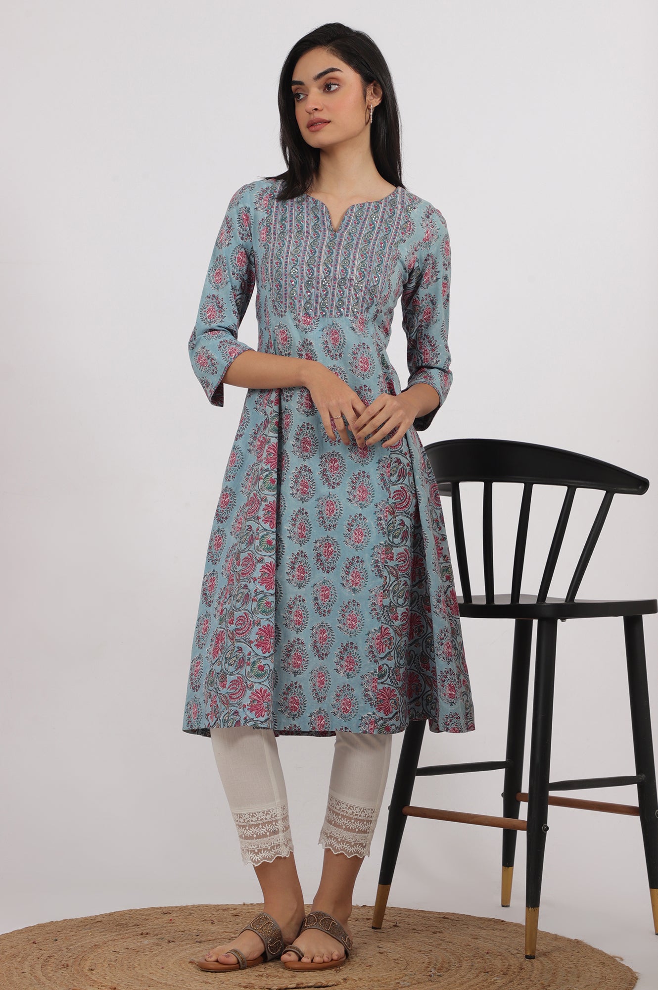 Blue Handblock Printed Flared Kurta in Fine Cotton