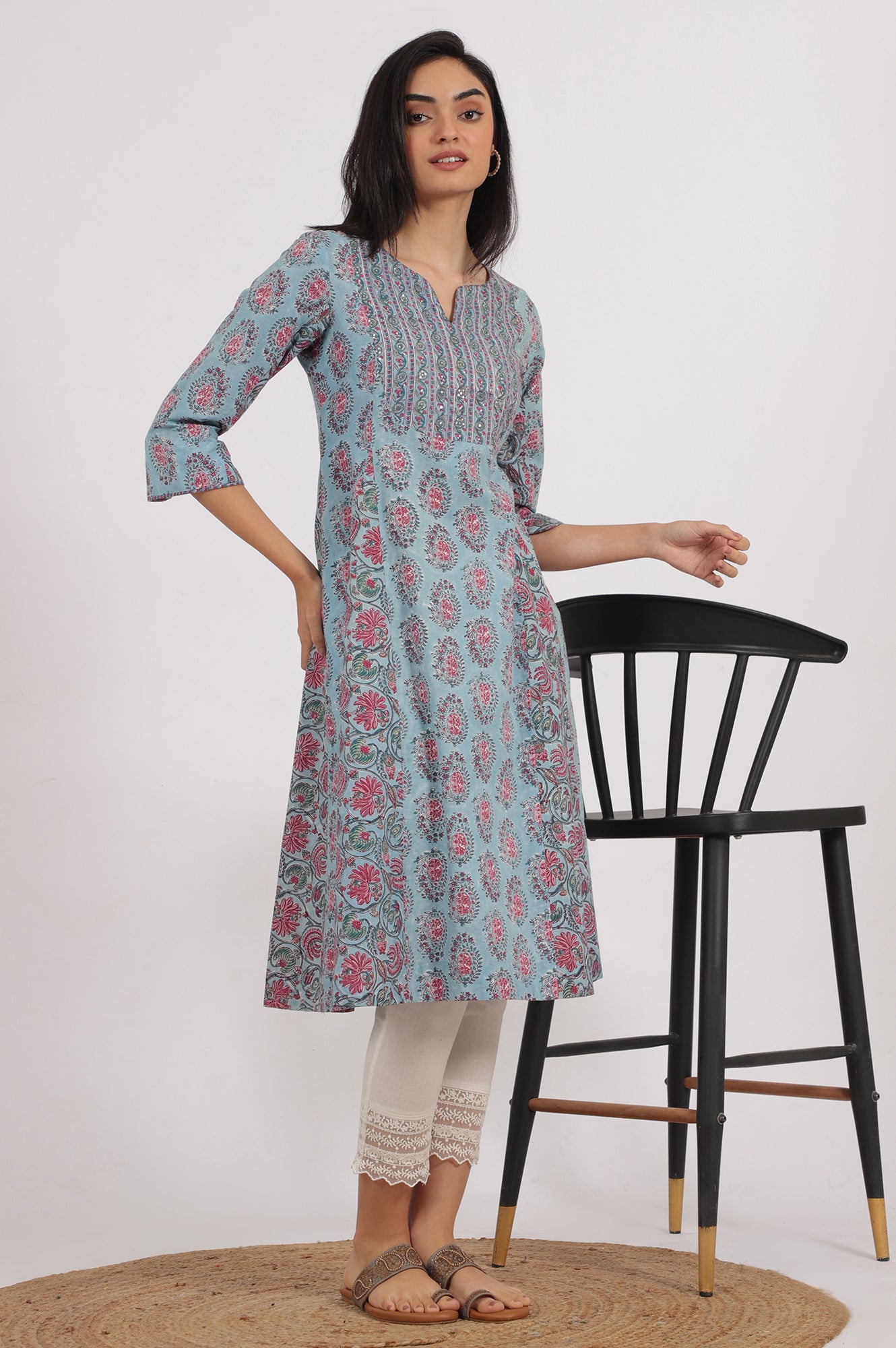 Blue Handblock Printed Flared Kurta in Fine Cotton