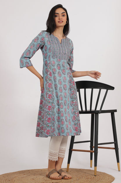 Blue Handblock Printed Flared Kurta in Fine Cotton
