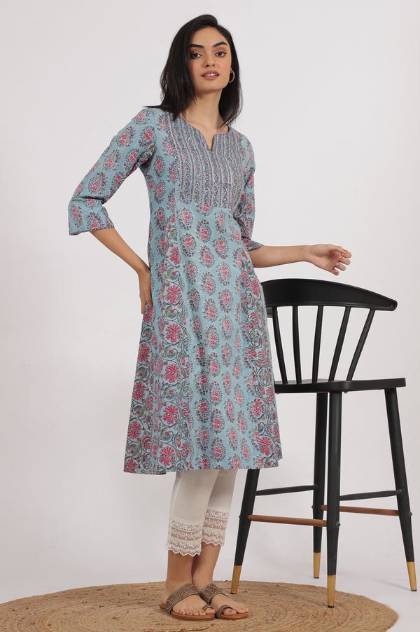Blue Handblock Printed Flared Kurta in Fine Cotton