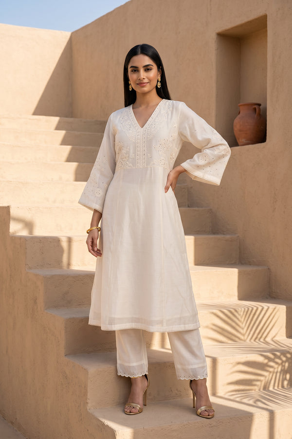 Off White Thread Embroidered Cotton Silk A-line Kurta