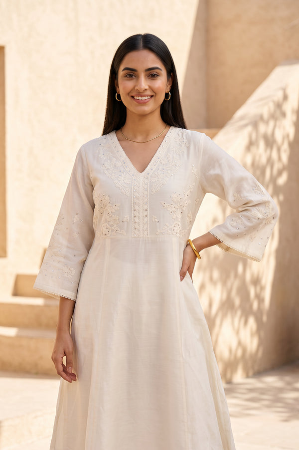 Off White Thread Embroidered Cotton Silk A-line Kurta