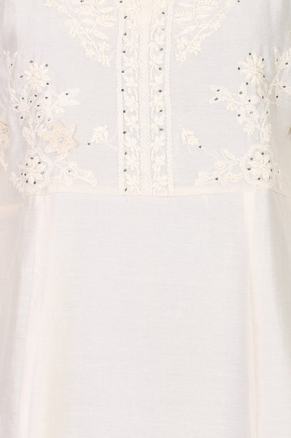 Off White Thread Embroidered Cotton Silk A-line Kurta