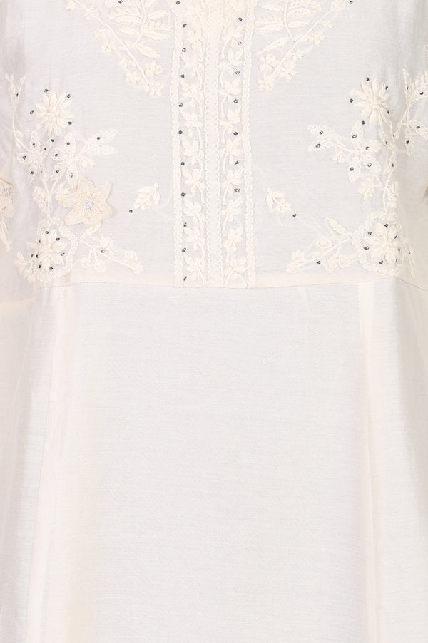 Off White Thread Embroidered Cotton Silk A-line Kurta