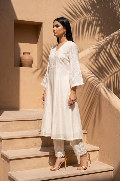 Off White Thread Embroidered Cotton Silk A-line Kurta
