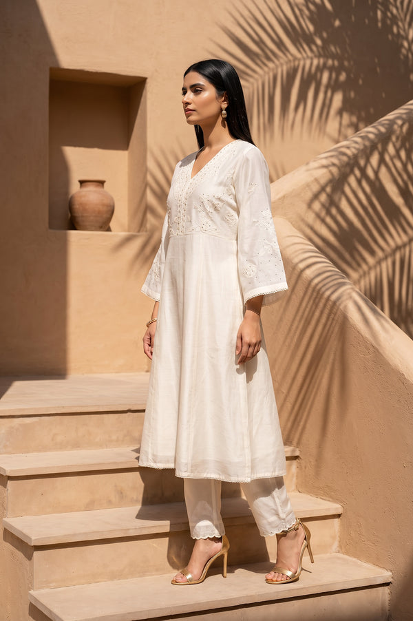 Off White Thread Embroidered Cotton Silk A-line Kurta