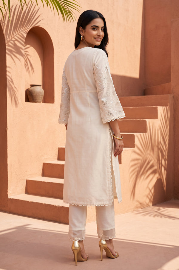 Off White Thread Embroidered Cotton Silk A-line Kurta