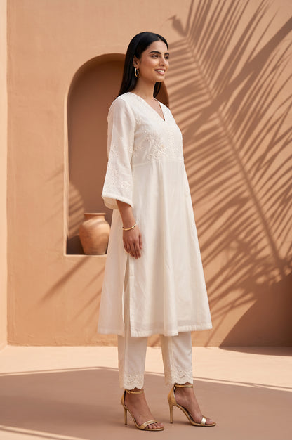 Off White Thread Embroidered Cotton Silk A-line Kurta