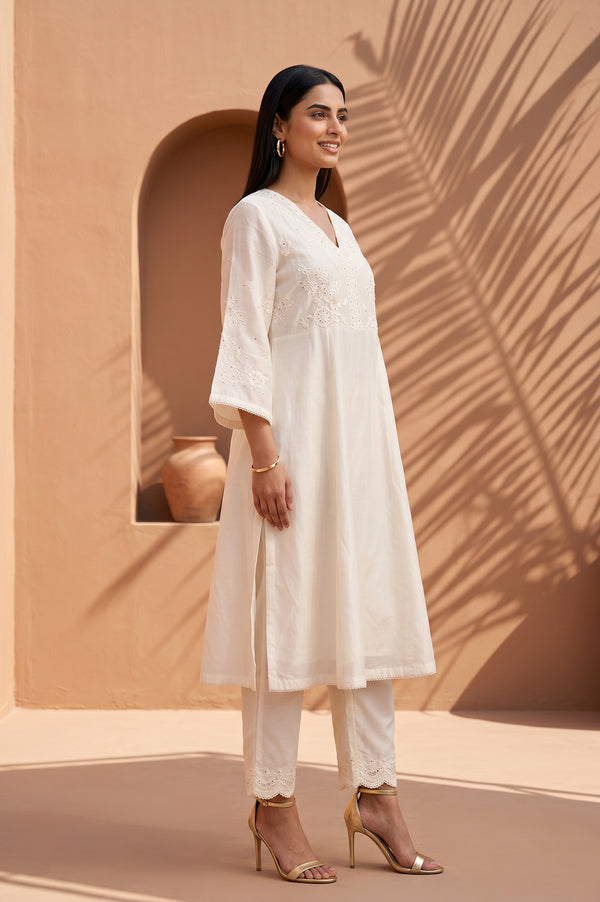 Off White Thread Embroidered Cotton Silk A-line Kurta