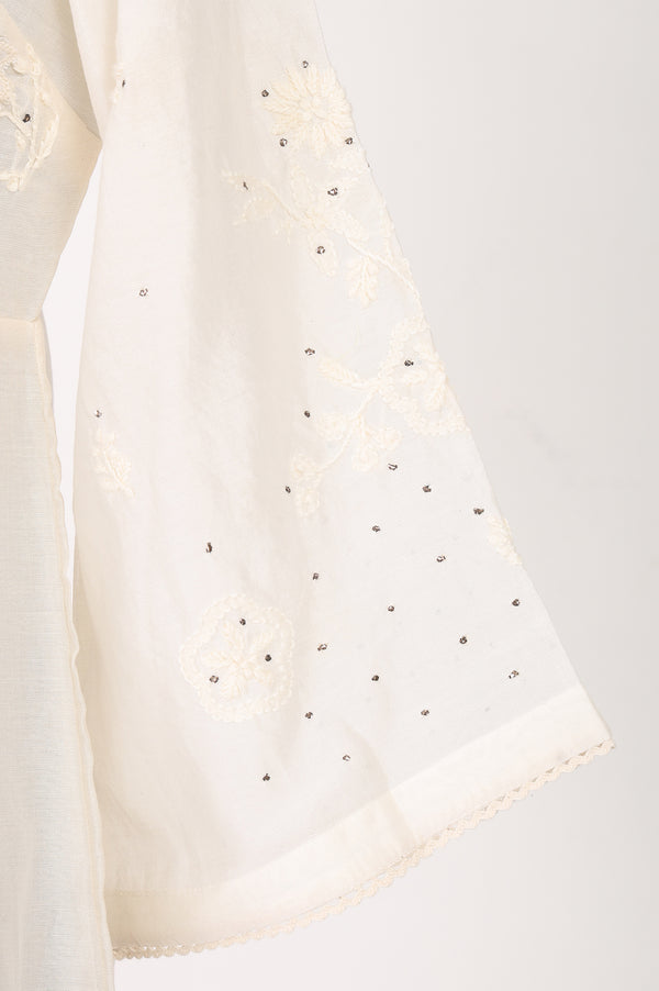 Off White Thread Embroidered Cotton Silk A-line Kurta