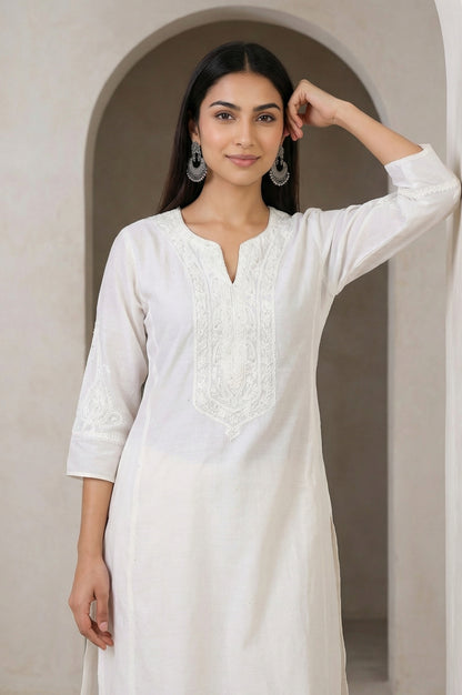 White Thread Embroidered Cotton Blend Straight Kurta