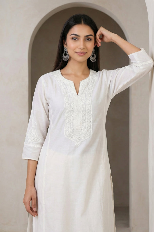 White Thread Embroidered Cotton Blend Straight Kurta