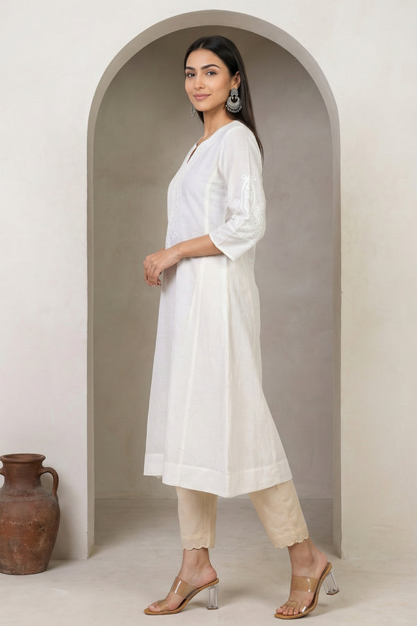 White Thread Embroidered Cotton Blend Straight Kurta