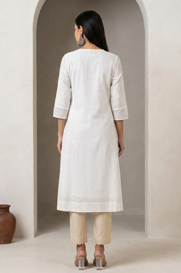 White Thread Embroidered Cotton Blend Straight Kurta