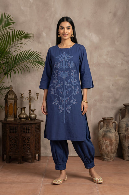 Navy Blue Embroidered Pure Cotton Straight Kurta