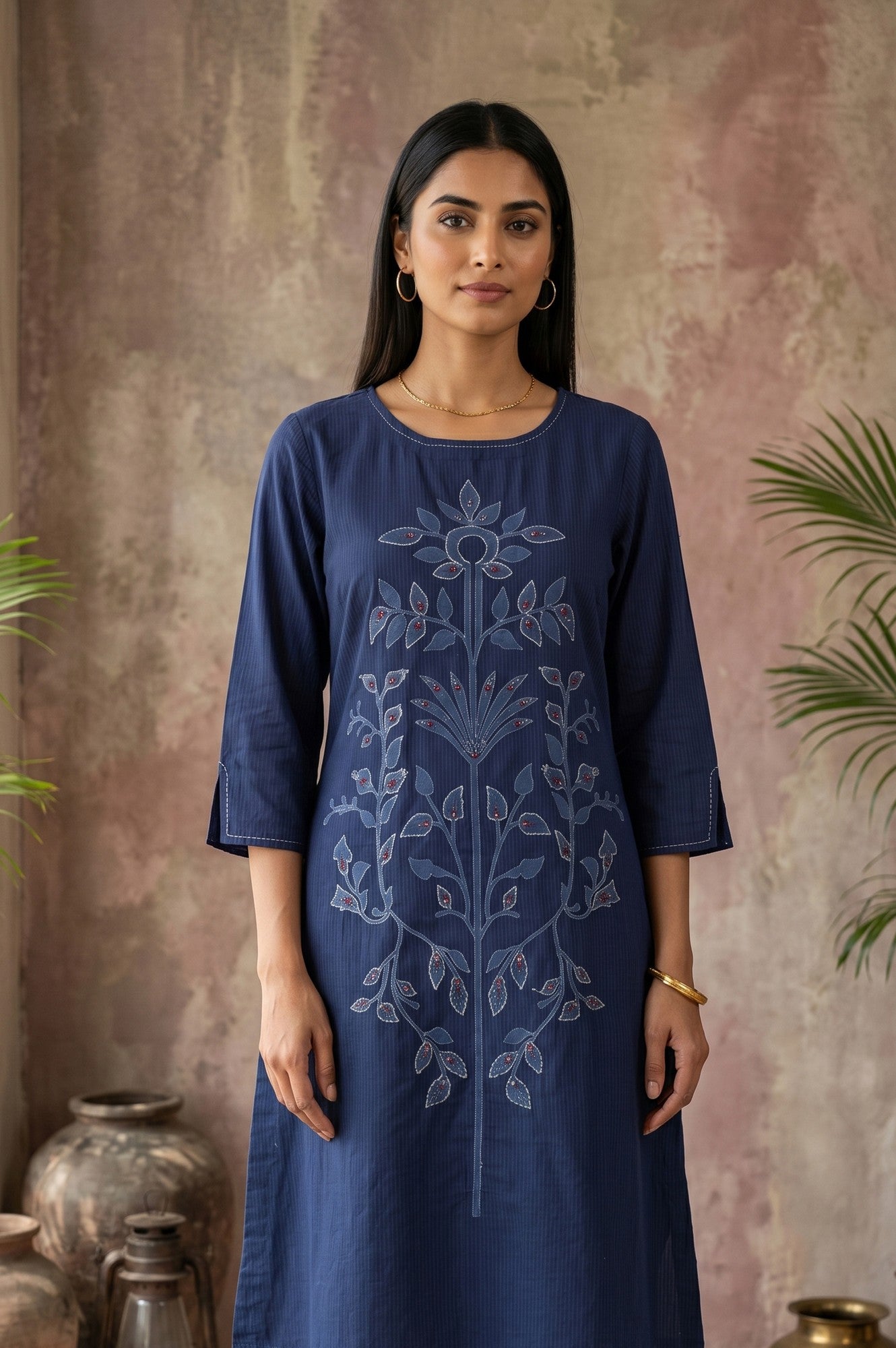 Navy Blue Embroidered Pure Cotton Straight Kurta