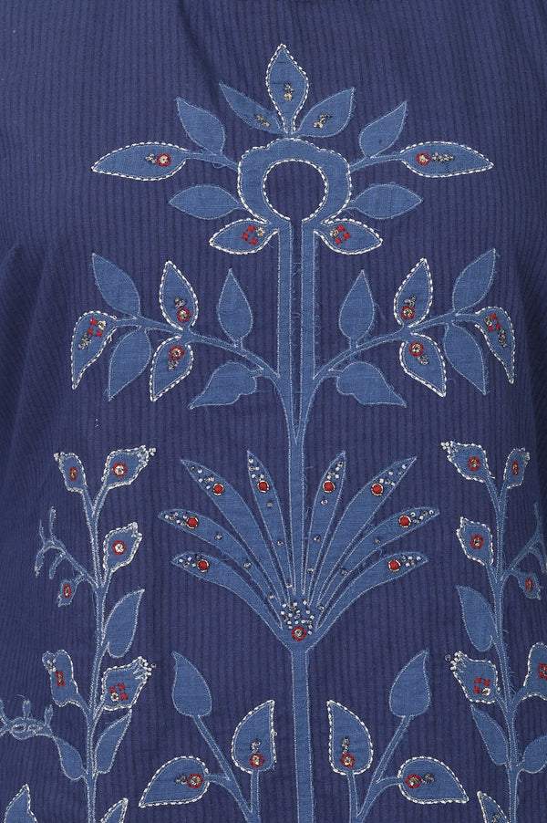 Navy Blue Embroidered Pure Cotton Straight Kurta