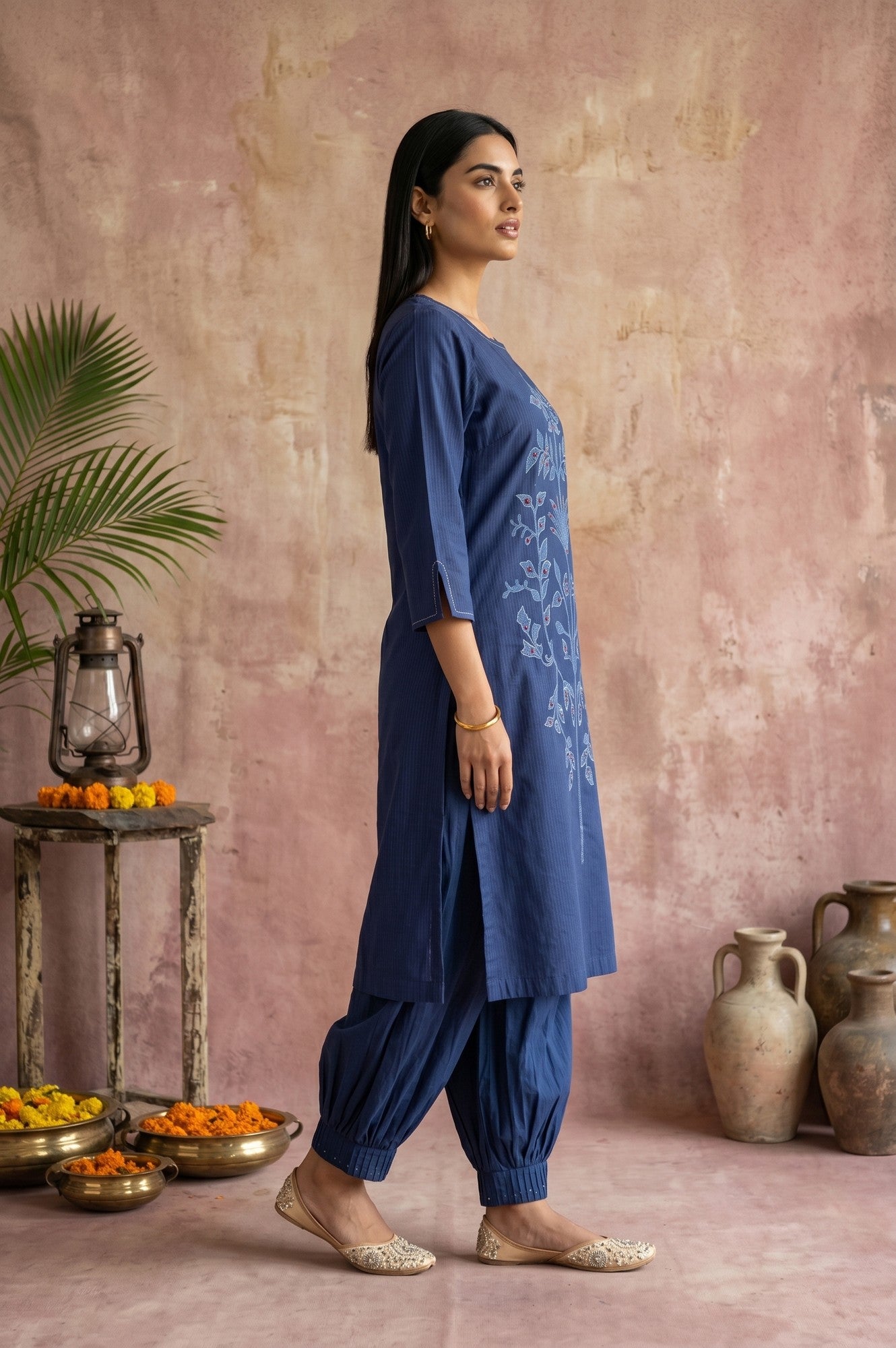 Navy Blue Embroidered Pure Cotton Straight Kurta