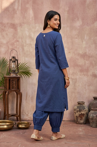 Navy Blue Embroidered Pure Cotton Straight Kurta