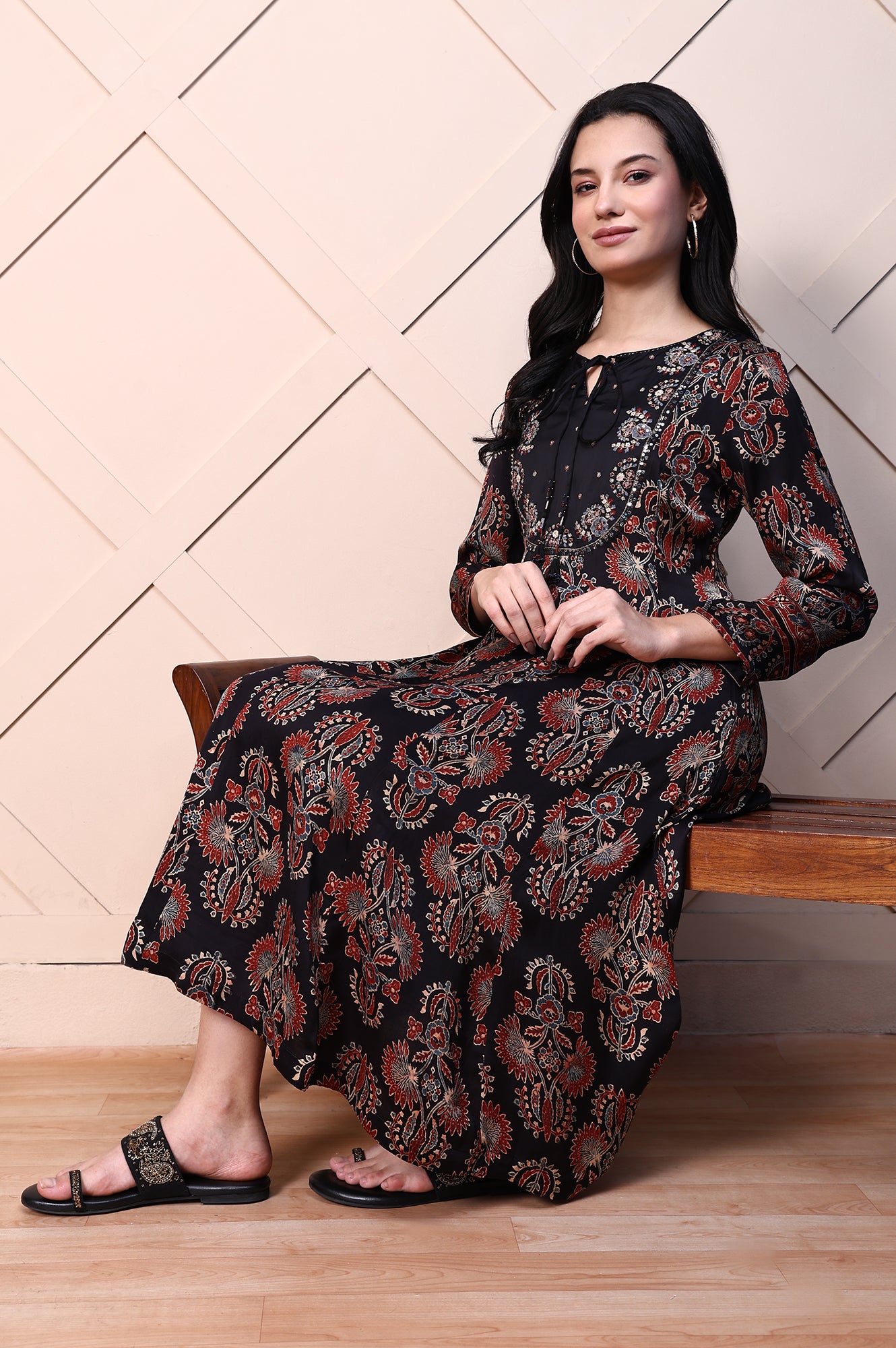 Black Ajrak Printed Satin Flared Kurta with Aari Embroidery on Yoke