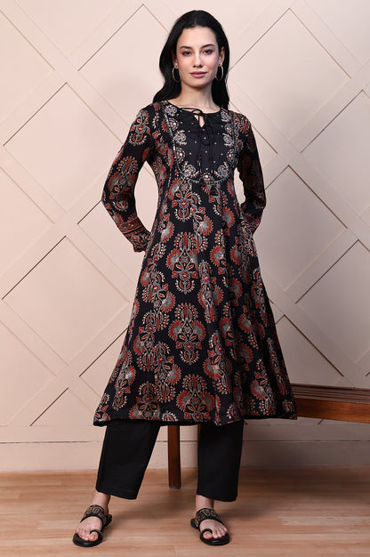 Black Ajrak Printed Satin Flared Kurta with Aari Embroidery on Yoke