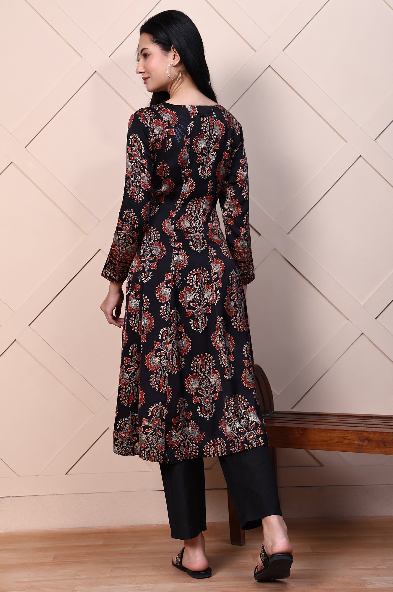 Black Ajrak Printed Satin Flared Kurta with Aari Embroidery on Yoke