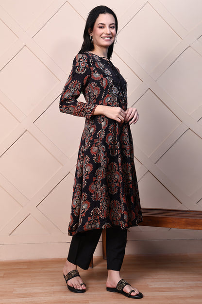 Black Ajrak Printed Satin Flared Kurta with Aari Embroidery on Yoke