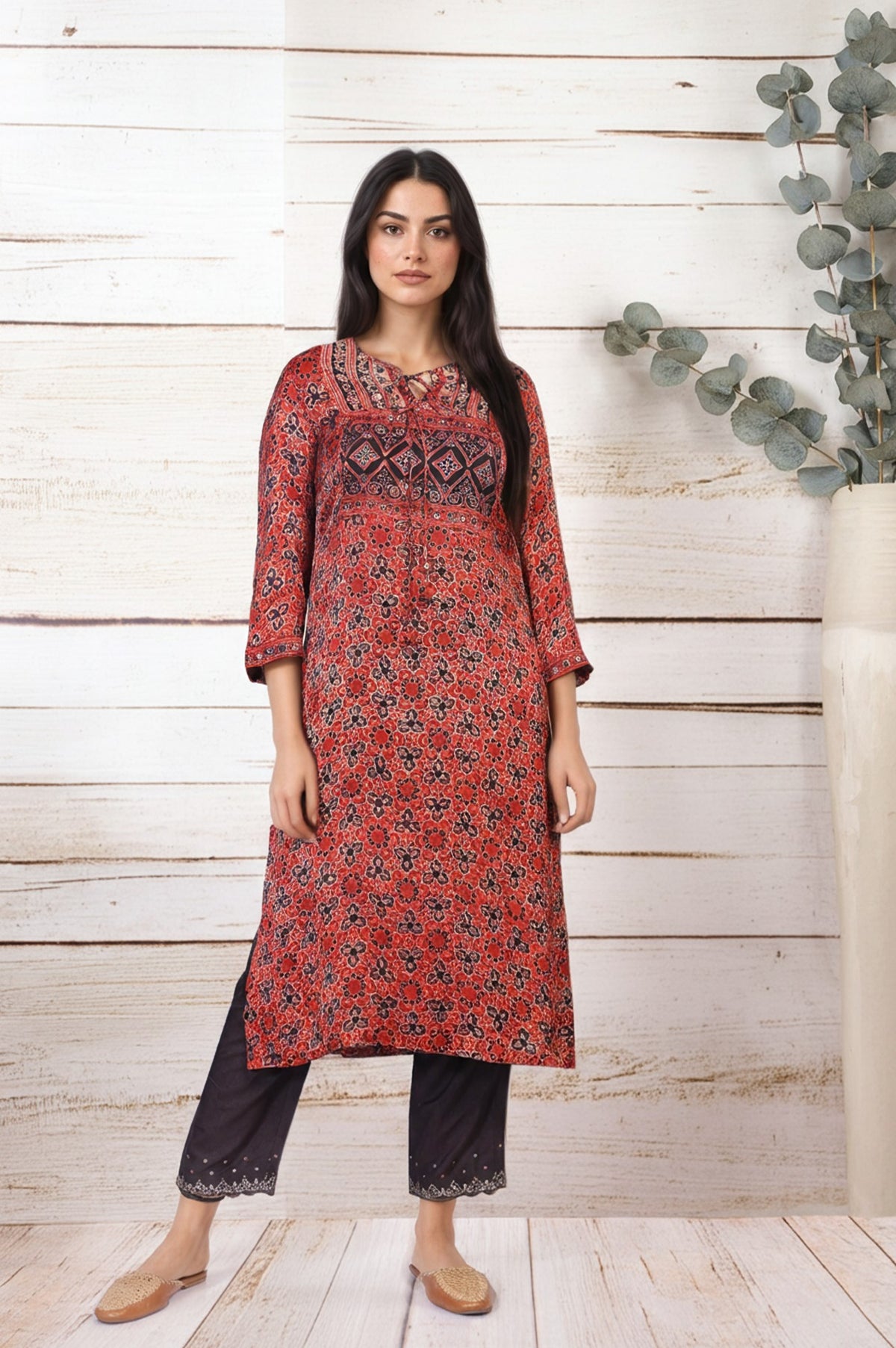 Red Ethnic Printed Mirror Work Straight Satin Kurta - S