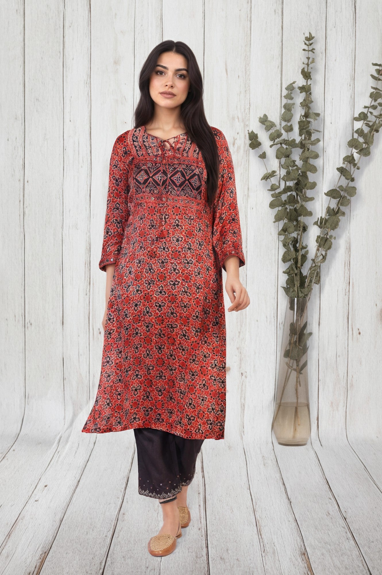 Red Ethnic Printed Mirror Work Straight Satin Kurta