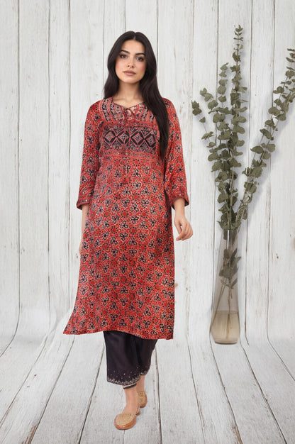 Red Ethnic Printed Mirror Work Straight Satin Kurta