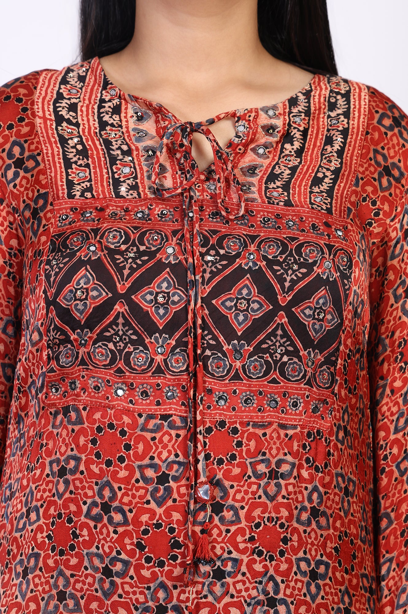 Red Ethnic Printed Mirror Work Straight Satin Kurta