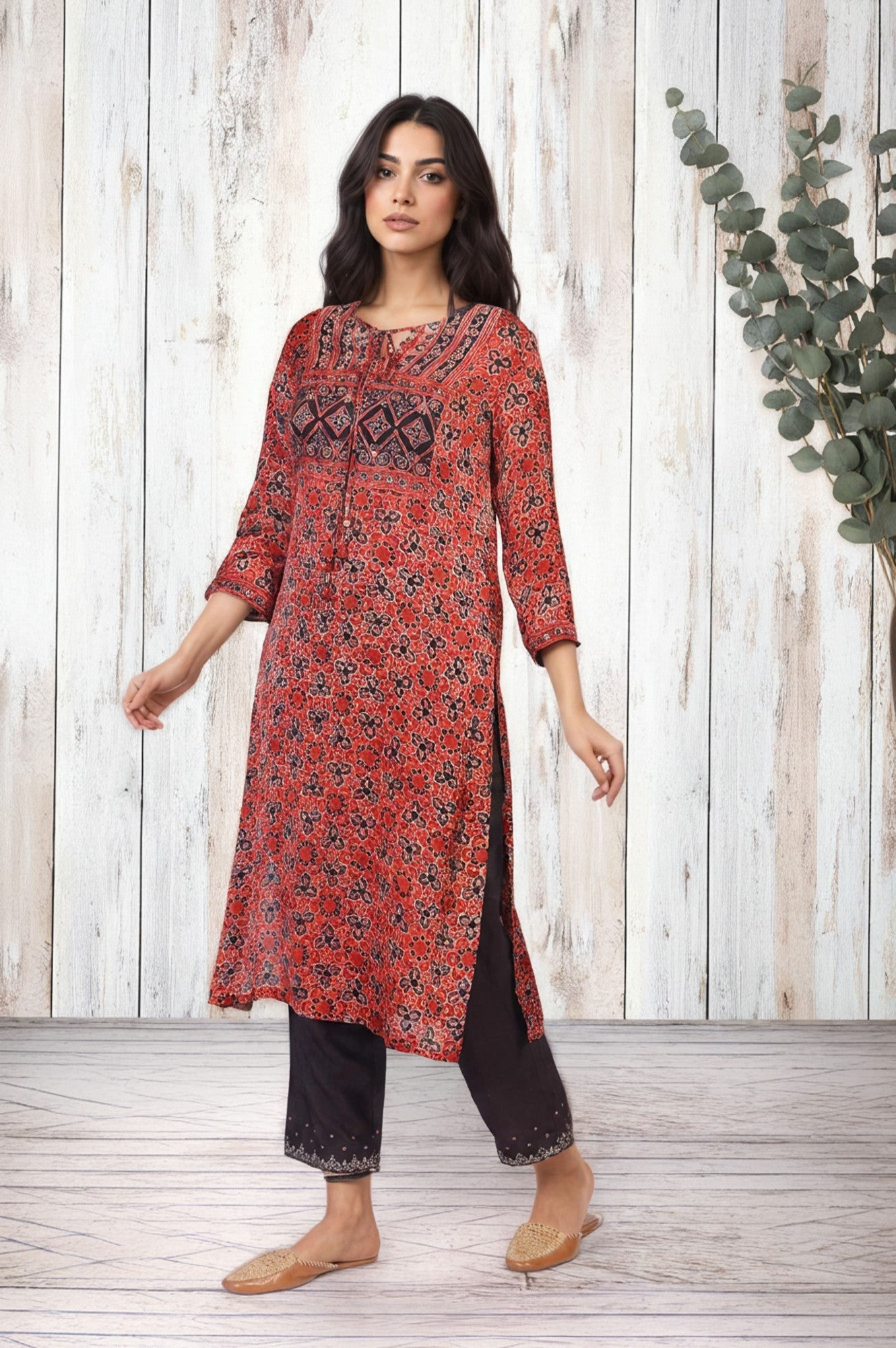 Red Ethnic Printed Mirror Work Straight Satin Kurta