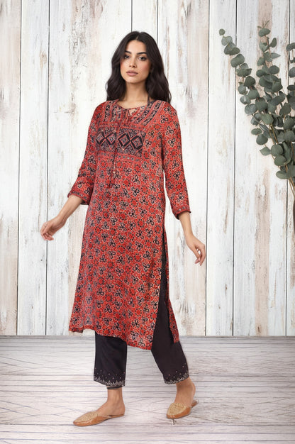 Red Ethnic Printed Mirror Work Straight Satin Kurta