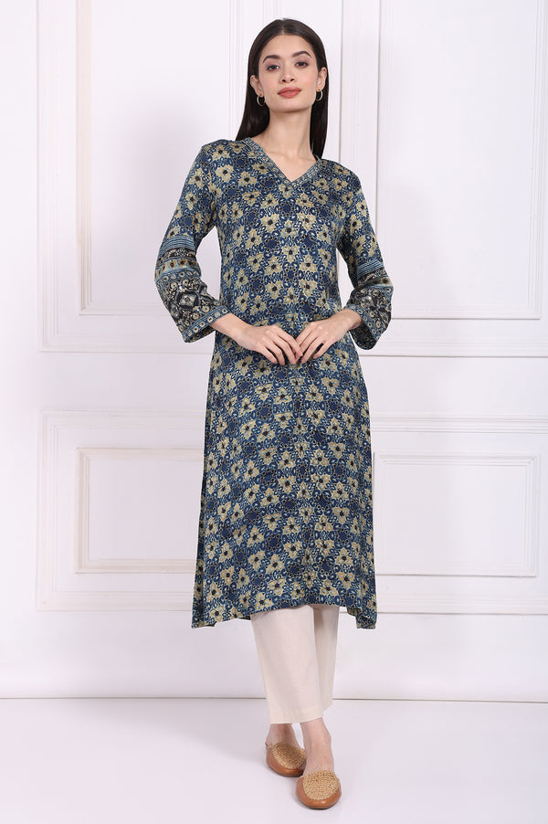 Blue Floral Printed Thread Embroidered Modal Satin Straight Kurta