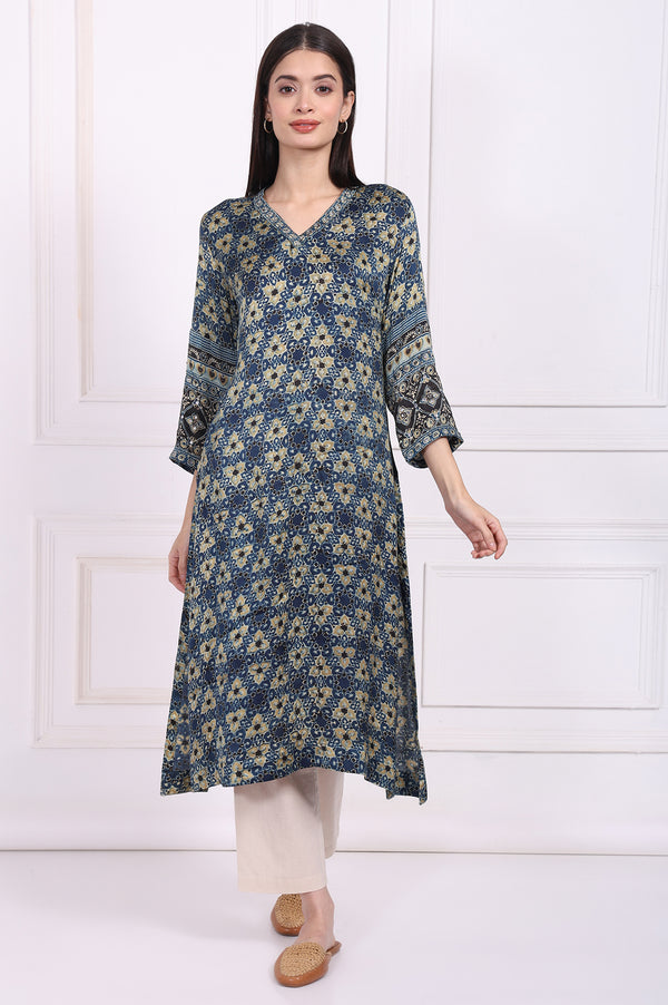 Blue Floral Printed Thread Embroidered Modal Satin Straight Kurta