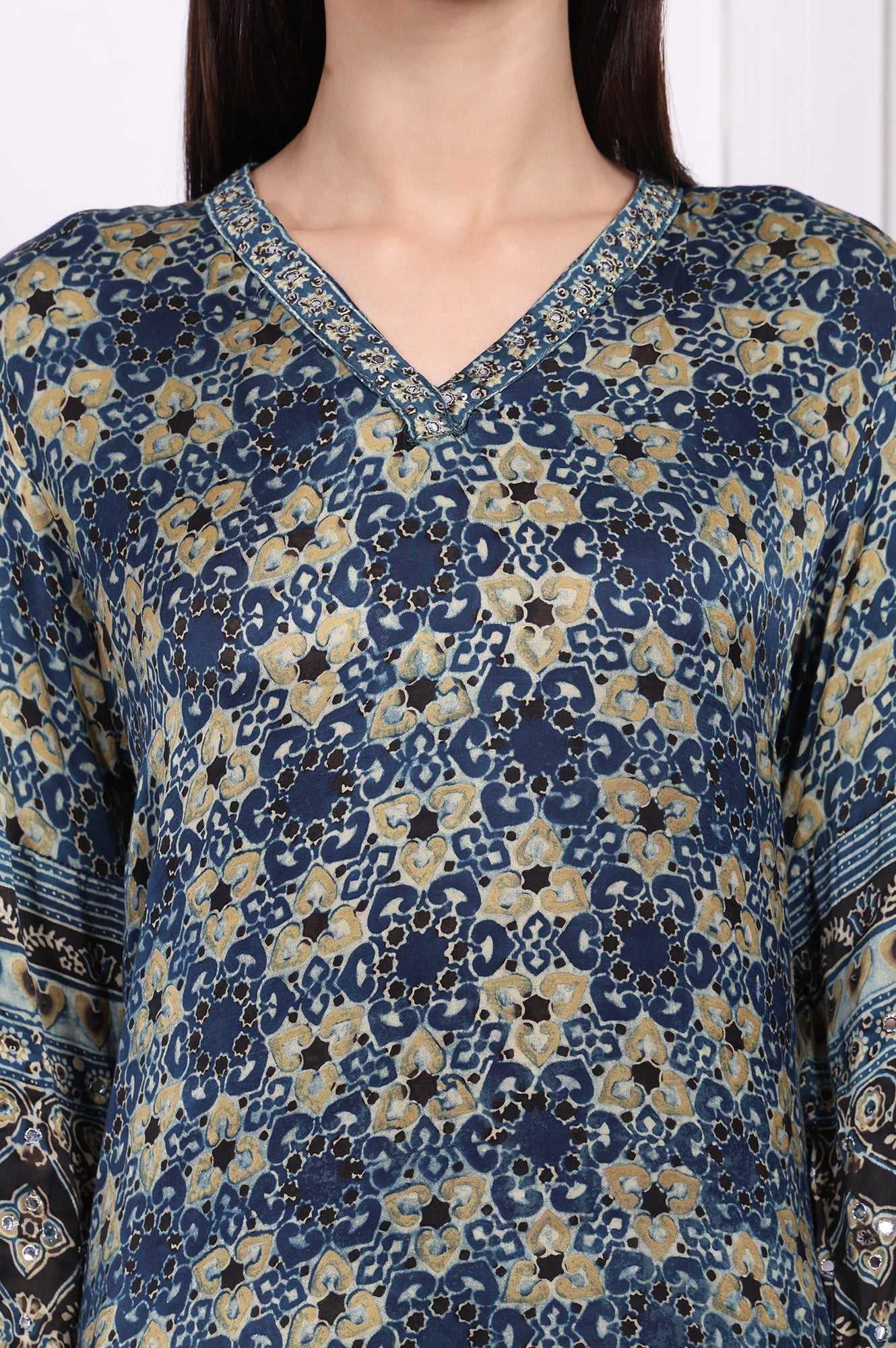 Blue Floral Printed Thread Embroidered Modal Satin Straight Kurta