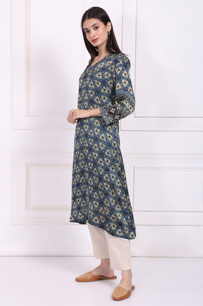 Blue Floral Printed Thread Embroidered Modal Satin Straight Kurta