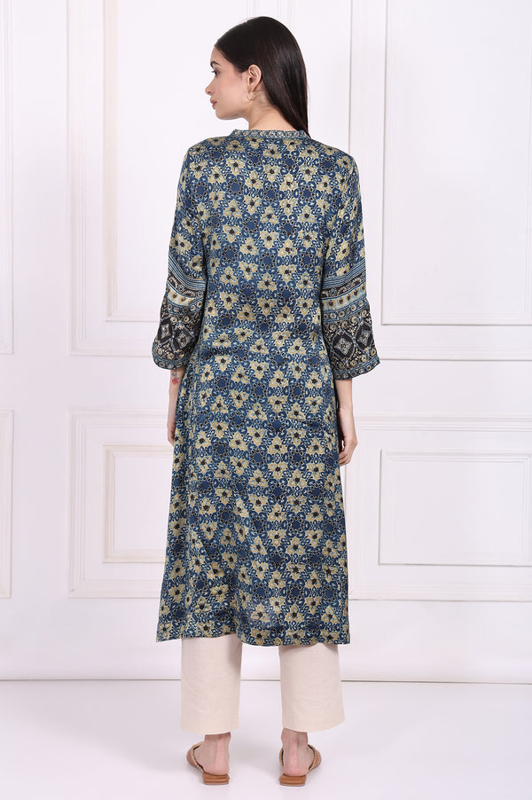 Blue Floral Printed Thread Embroidered Modal Satin Straight Kurta