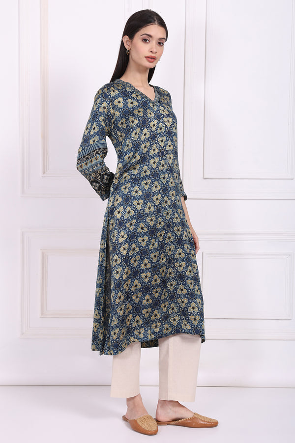 Blue Floral Printed Thread Embroidered Modal Satin Straight Kurta