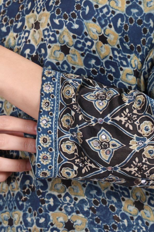 Blue Floral Printed Thread Embroidered Modal Satin Straight Kurta